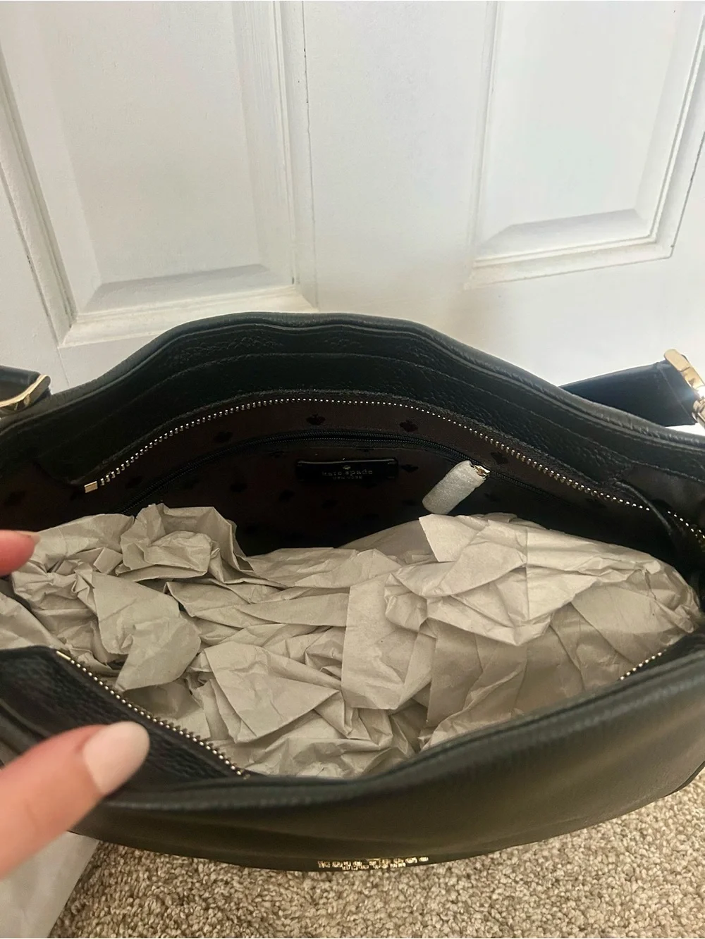 kate spade Black Pebbled Leather Hobo with Gold Logo